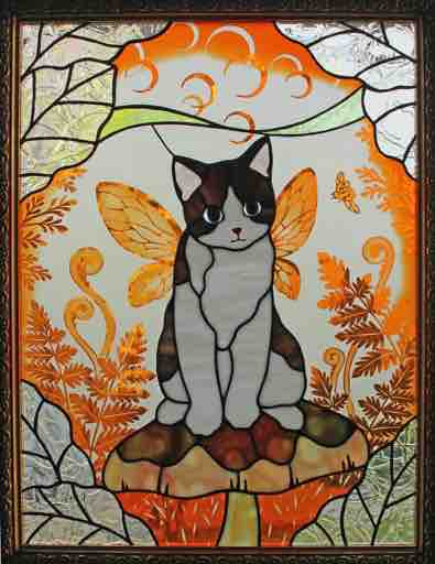 ステンドグラス ♢透明な猫 ステンドグラス (SH-D41) 200×200×18mm 一部鏡面ガラス 猫 デザイン